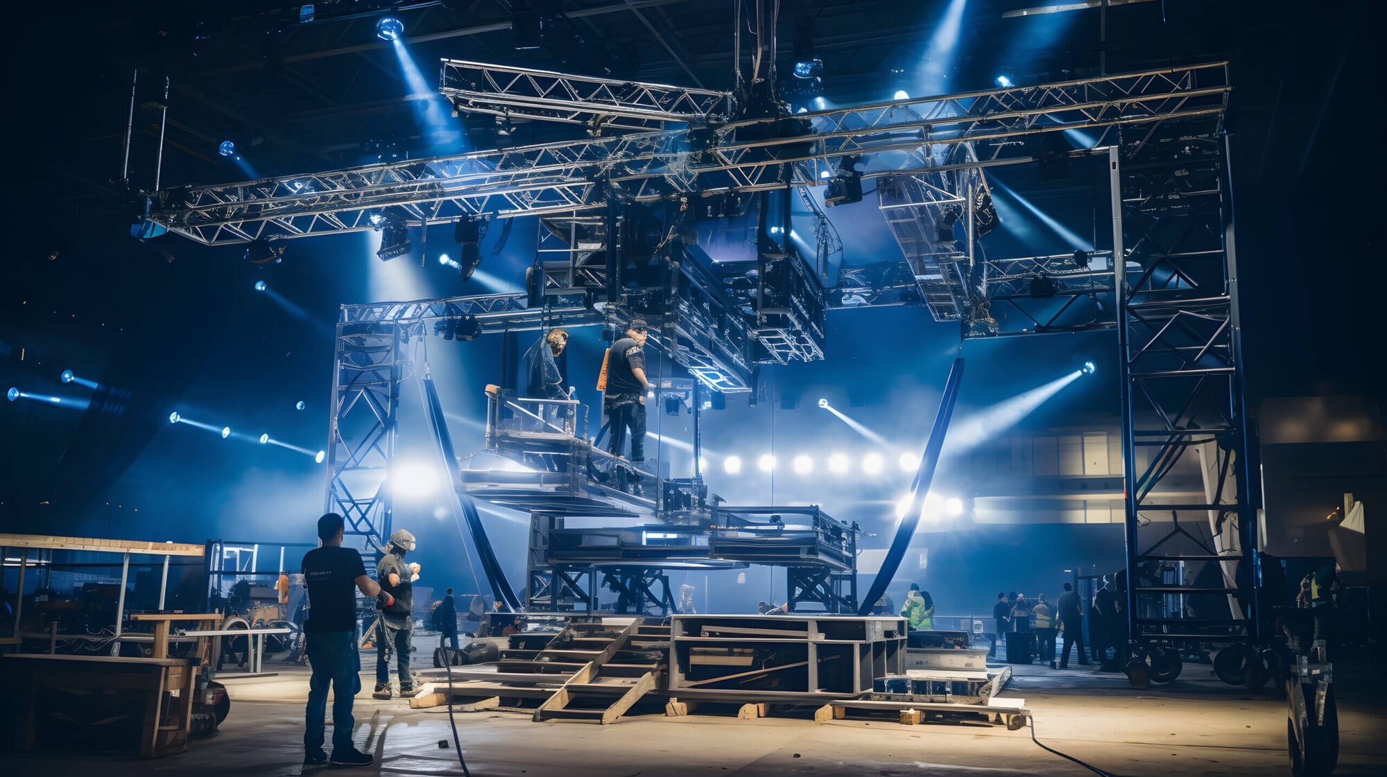 Stage construction with lighting setup and rigging in progress