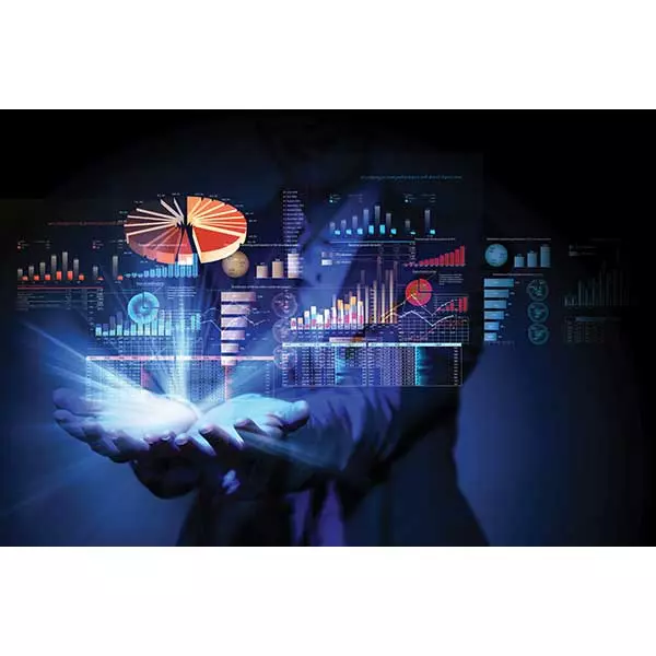 Graphic displaying data visualization elements like charts and graphs