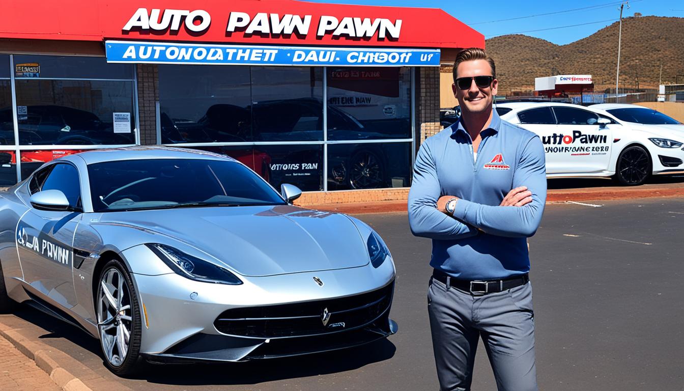 Exterior view of Auto Pawn Paw with a silver sports car in front.