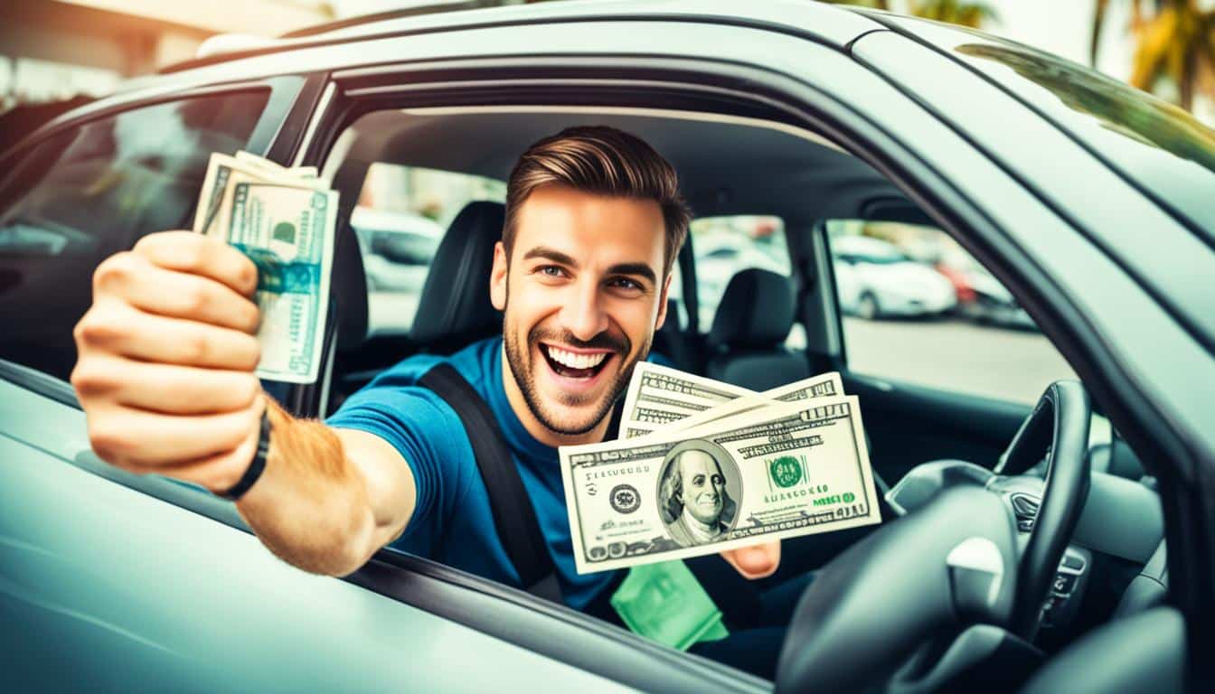 Man smiling from car holding cash