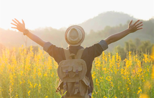 Person with arms outstretched in a field during golden hour