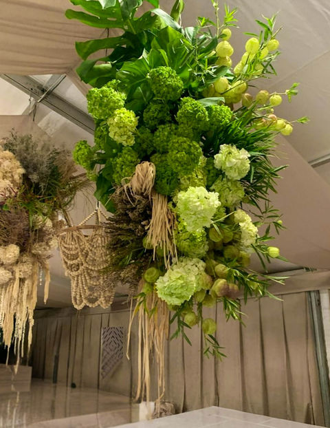 Hanging floral arrangement in preparation