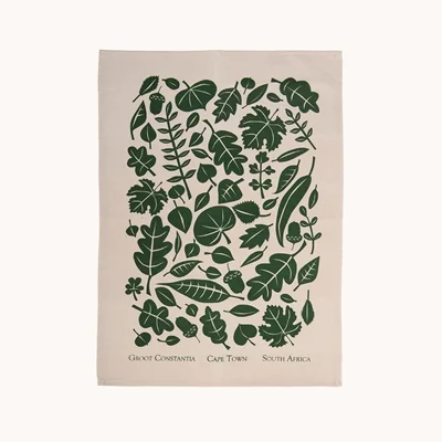 Illustrated tea towel featuring leaves and plants from Groot Constantia