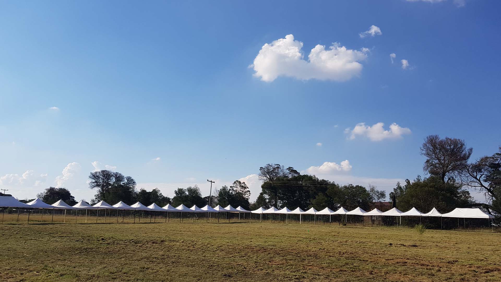 Line of connected gazebos in an open field under a clear sky