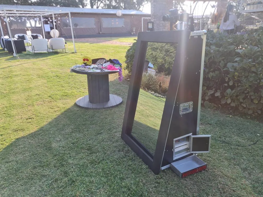 Interactive mirror photo booth ready for an event setup.