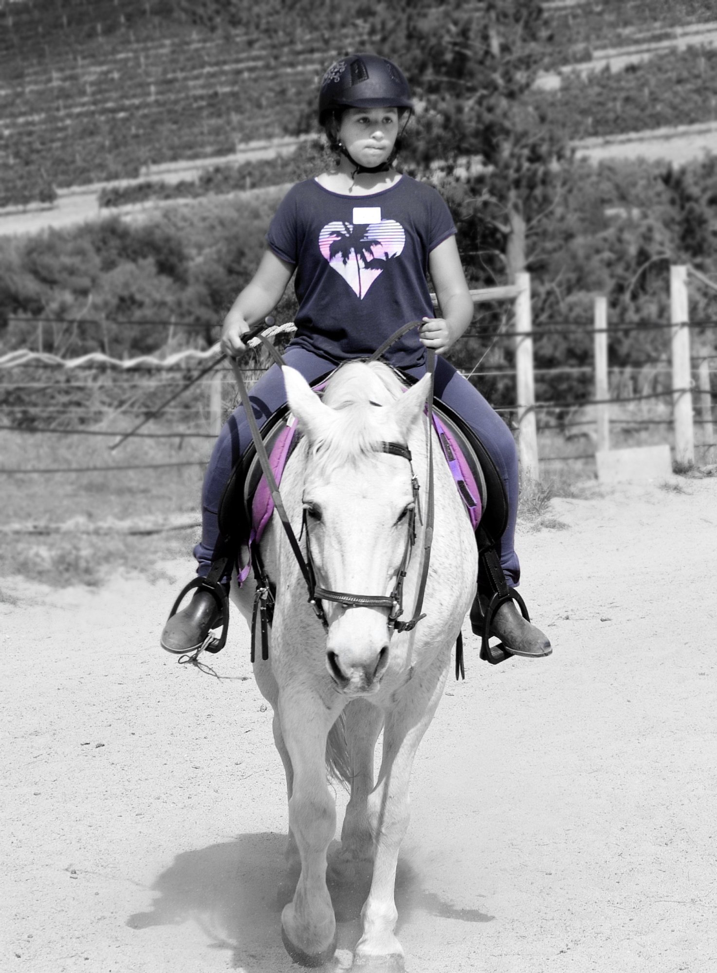 Child riding a white pony on a trail