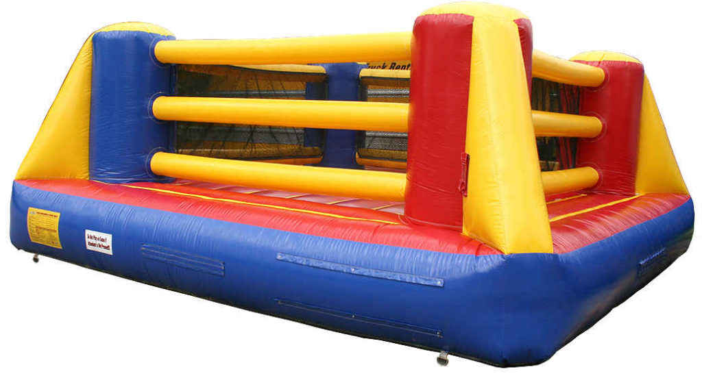 Brightly colored inflatable gladiator ring with safety barriers
