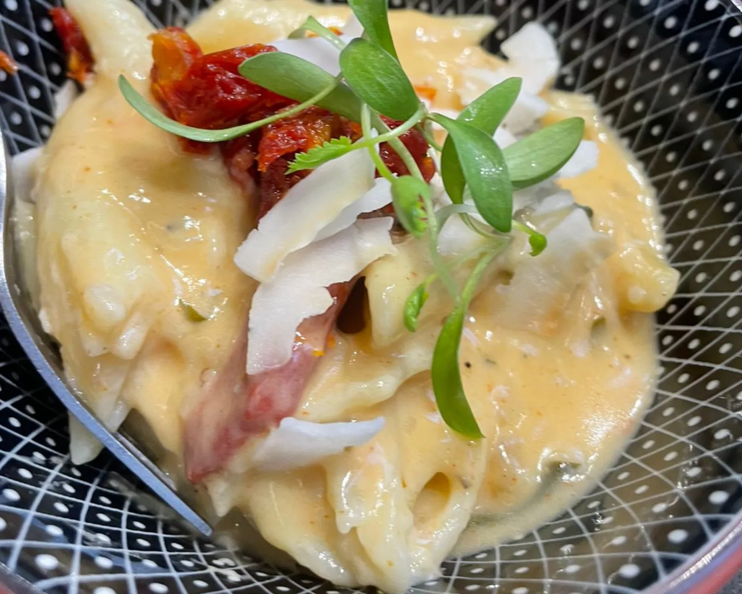 Gourmet pasta with creamy sauce and sun-dried tomatoes