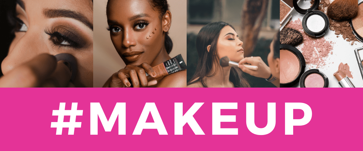 Collage of glam makeup application and products