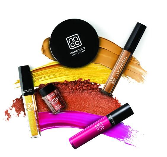 Makeup products including lip colors and eyeshadow in various shades.