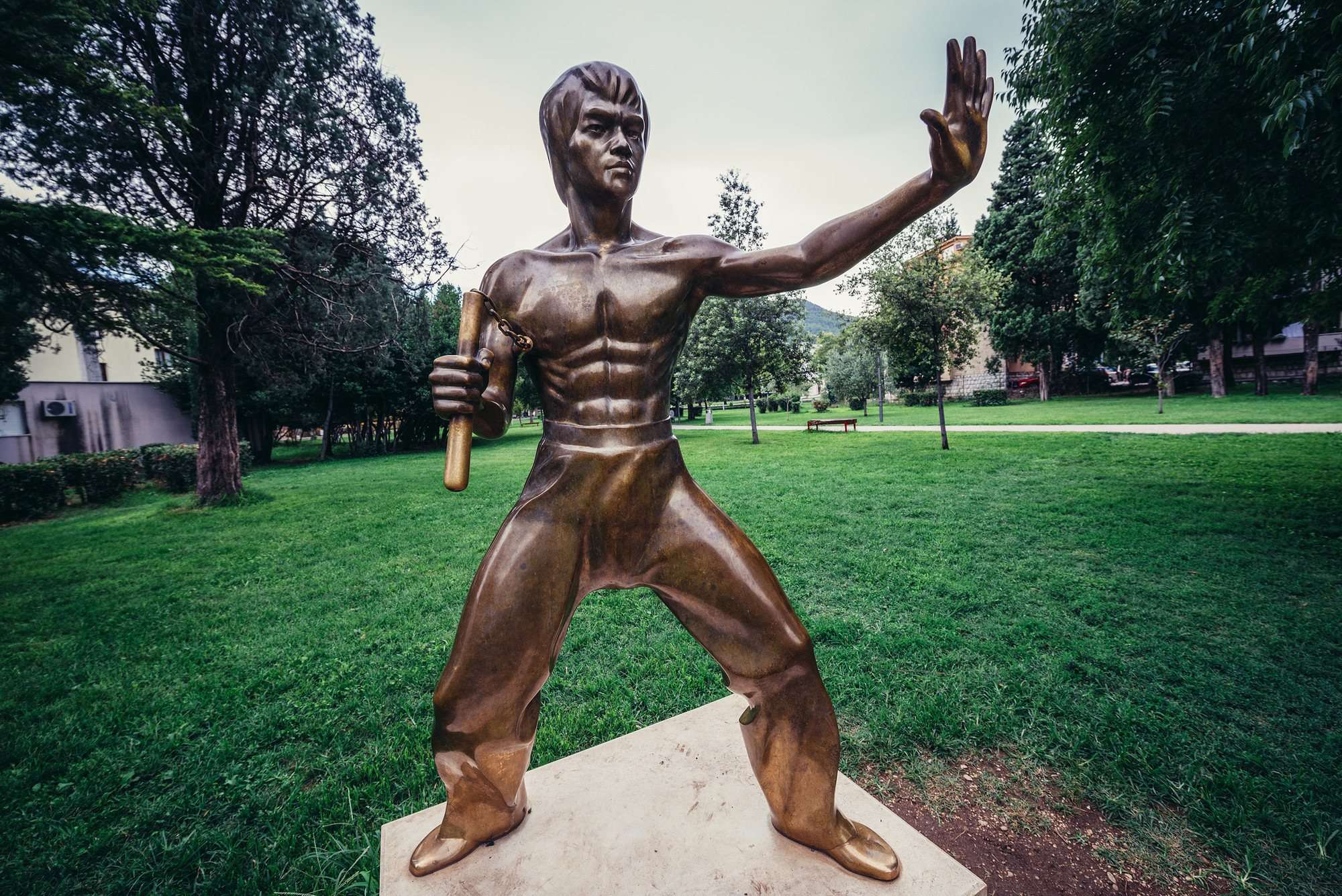 Bronze statue of Bruce Lee in a martial arts pose.