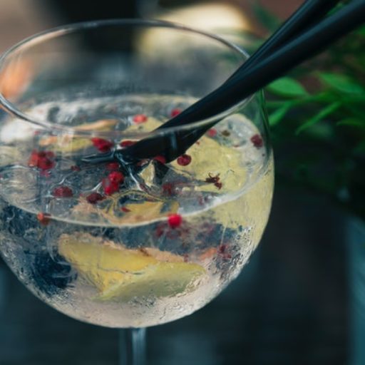 Close-up of a garnished gin cocktail in a glass