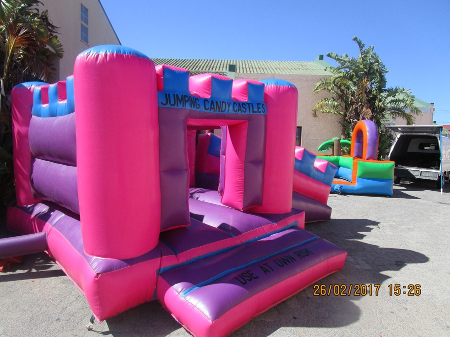 Colorful jumping castle with safety instructions