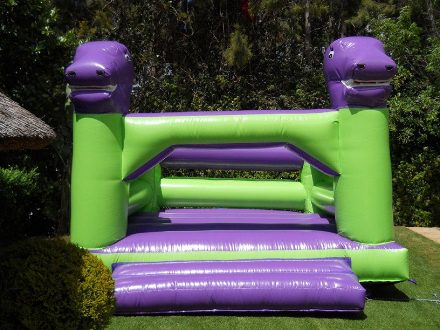 Dinosaur-themed jumping castle in purple and green