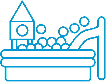 Outline graphic of a toddler jumping castle with play elements