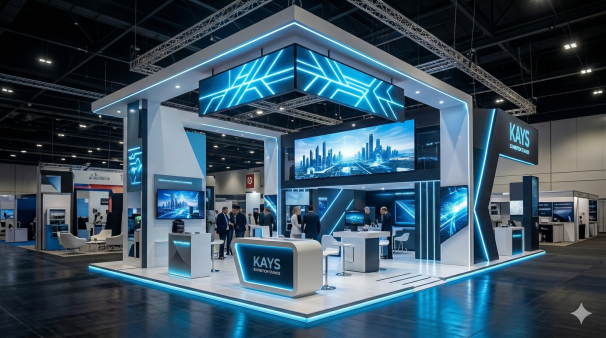 Modern exhibition stand with screens and interactive displays