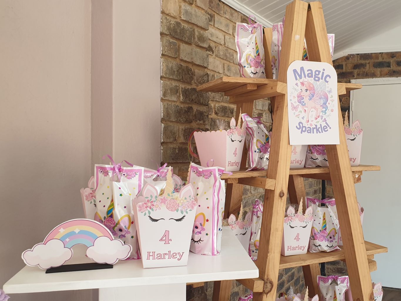 Colorful themed party favor bags on display