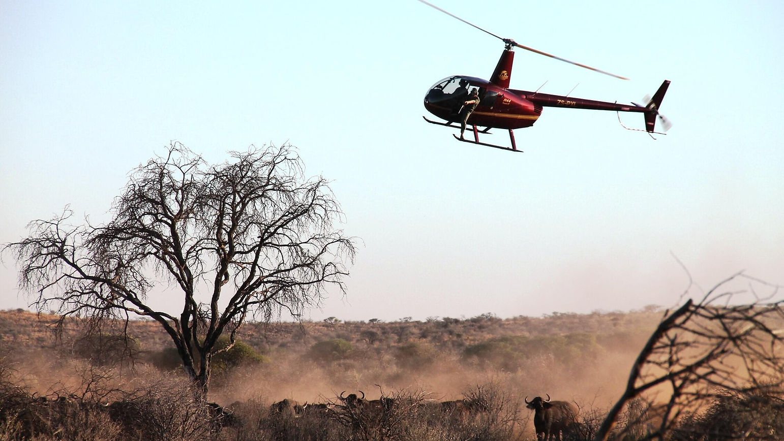 Helicopter flying over a dry landscape with wildlife
