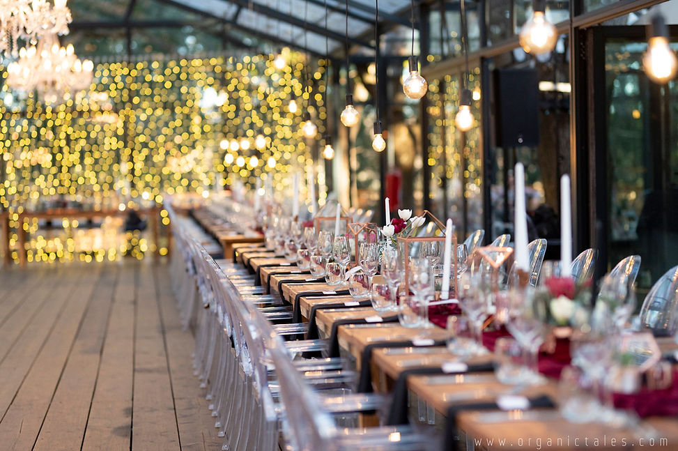 A beautifully arranged dining setup illuminated with fairy lights.