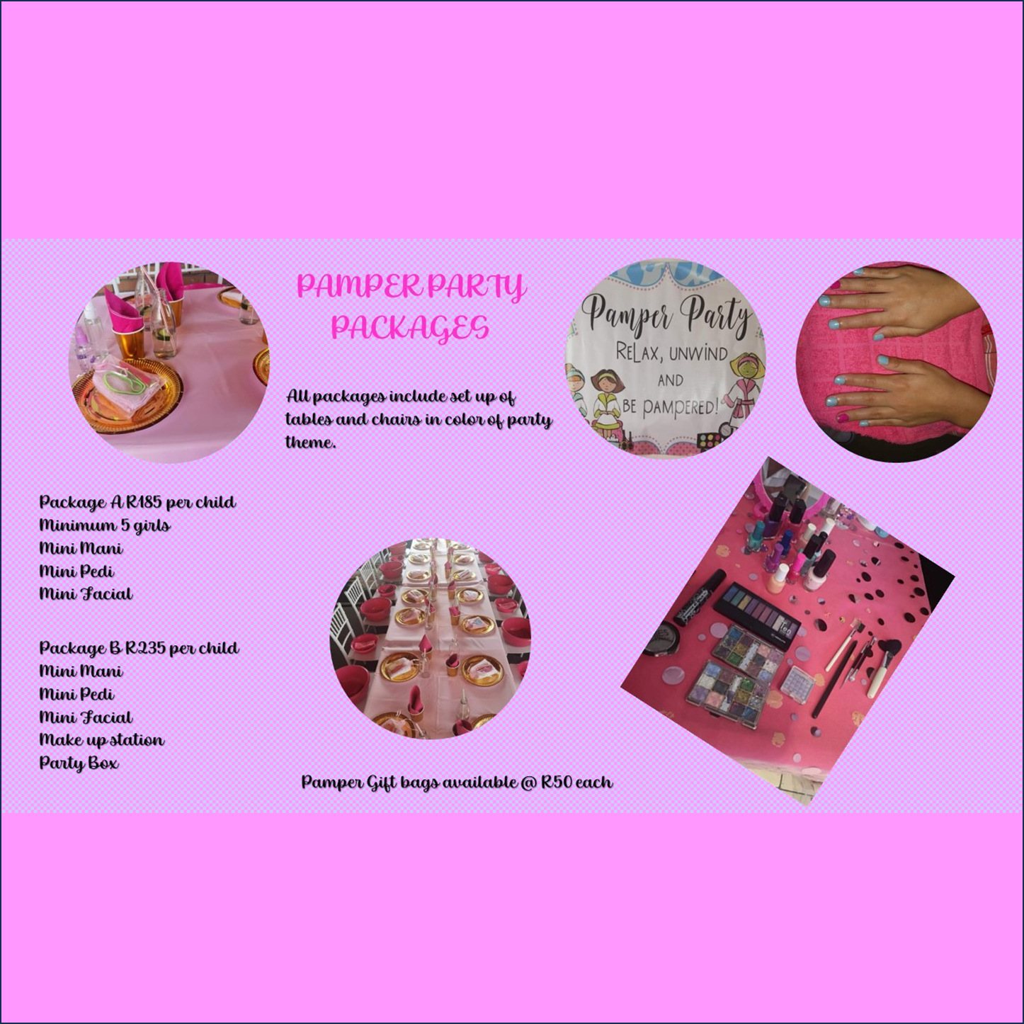 Pamper party package details and setup