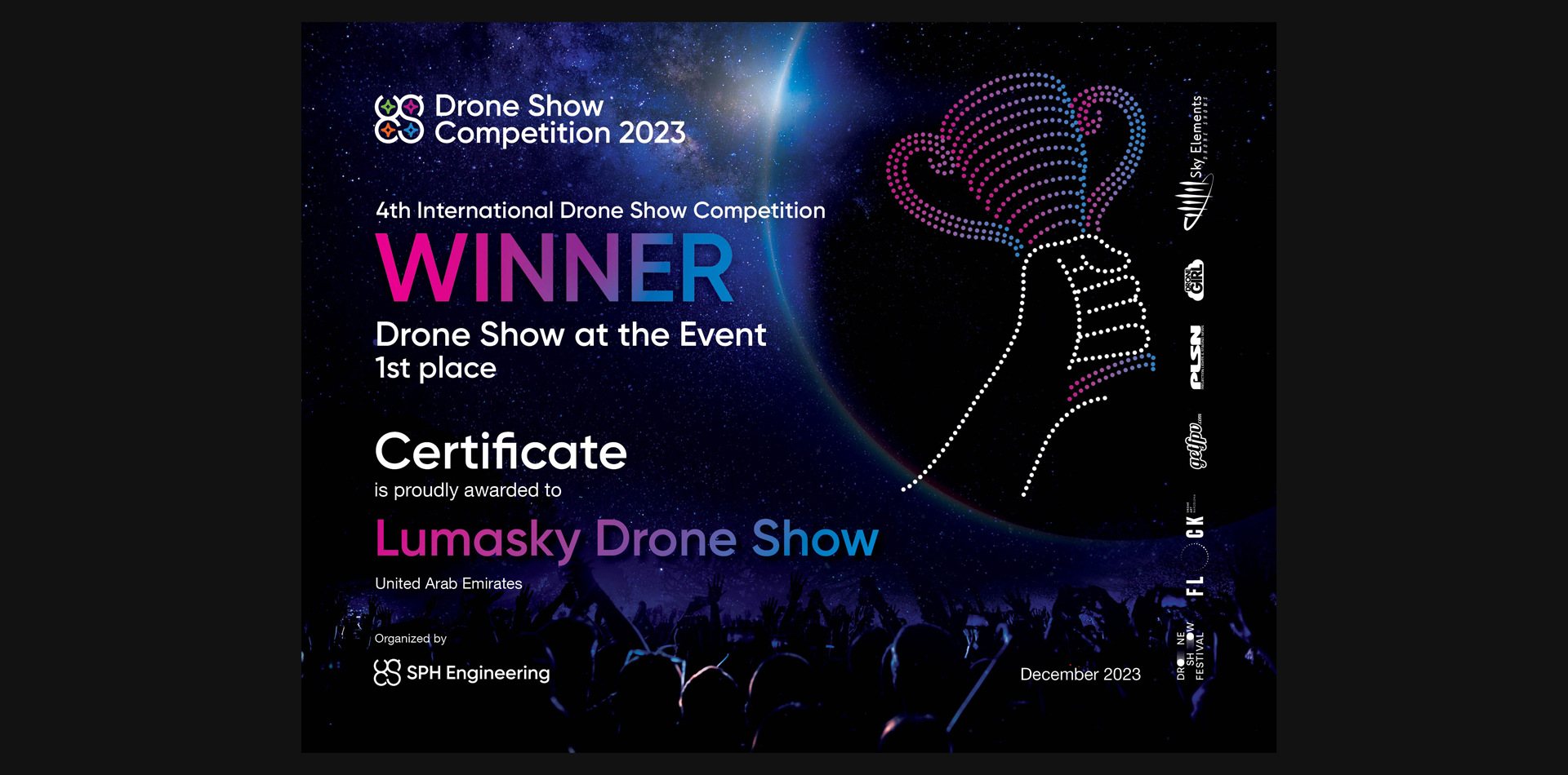 Certificate awarded to Lumasky Drone Show for winning first place.