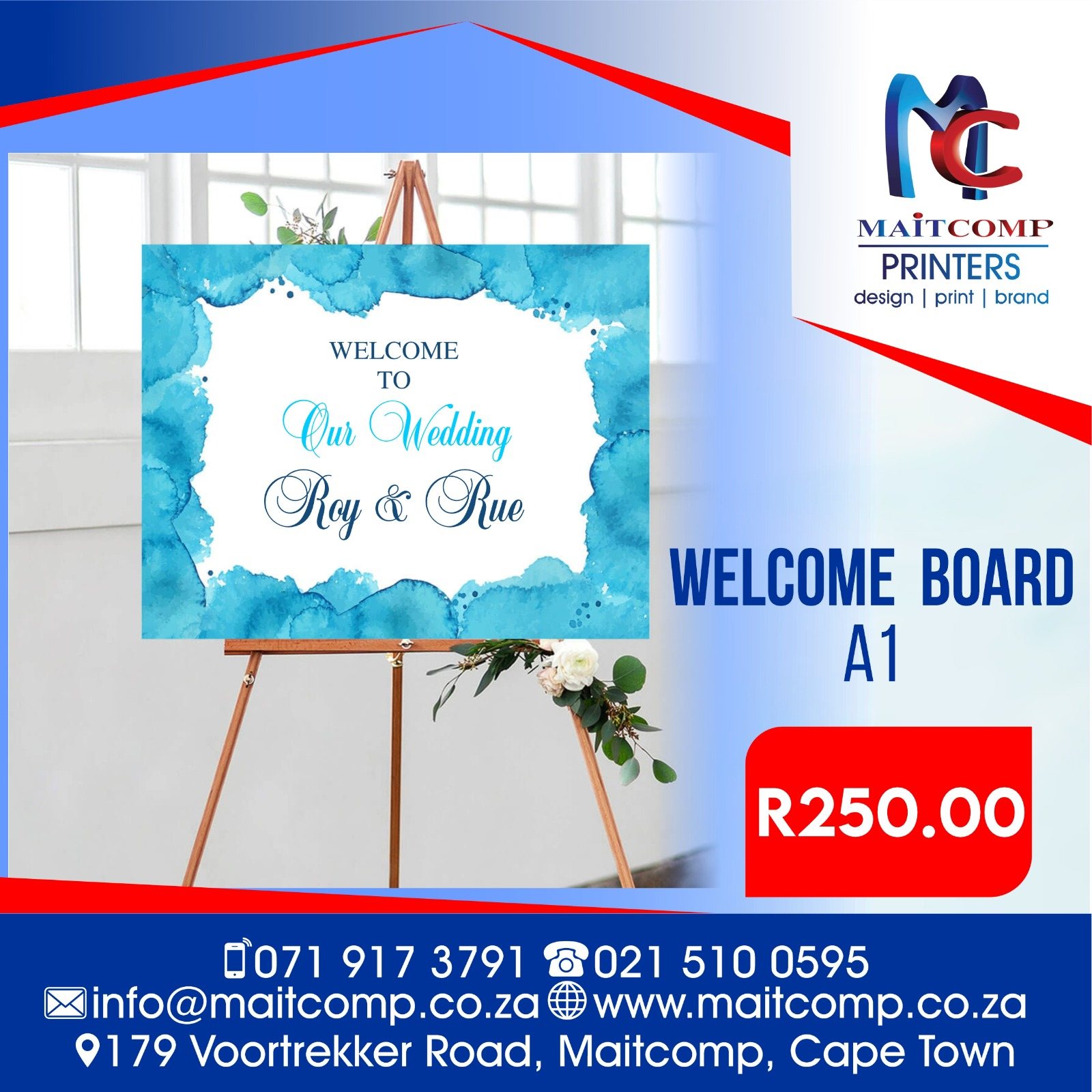 Custom wedding welcome board with blue watercolor design