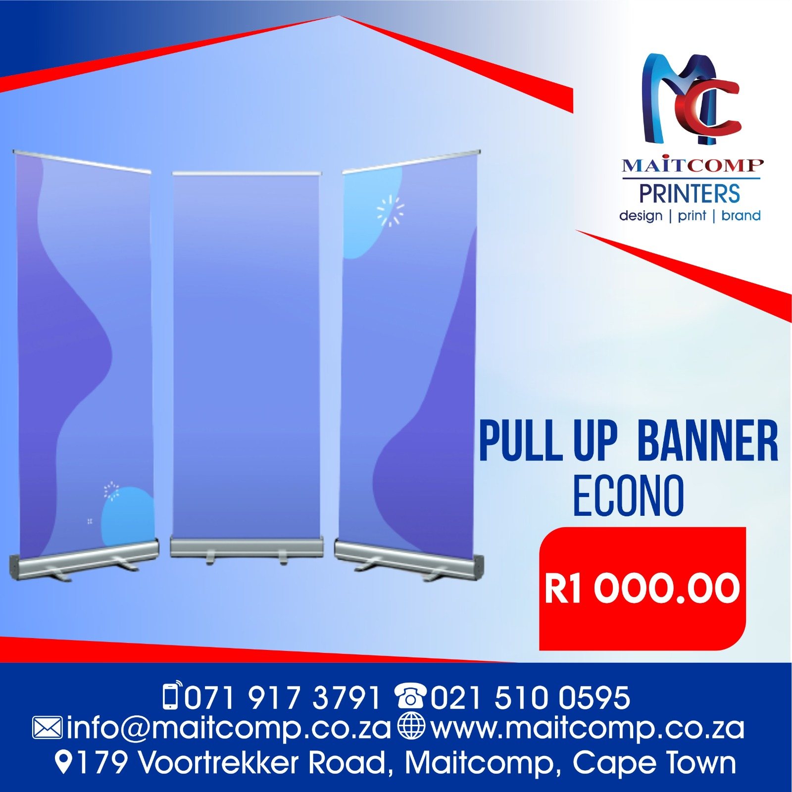 Econo pull-up banner display with pricing information.