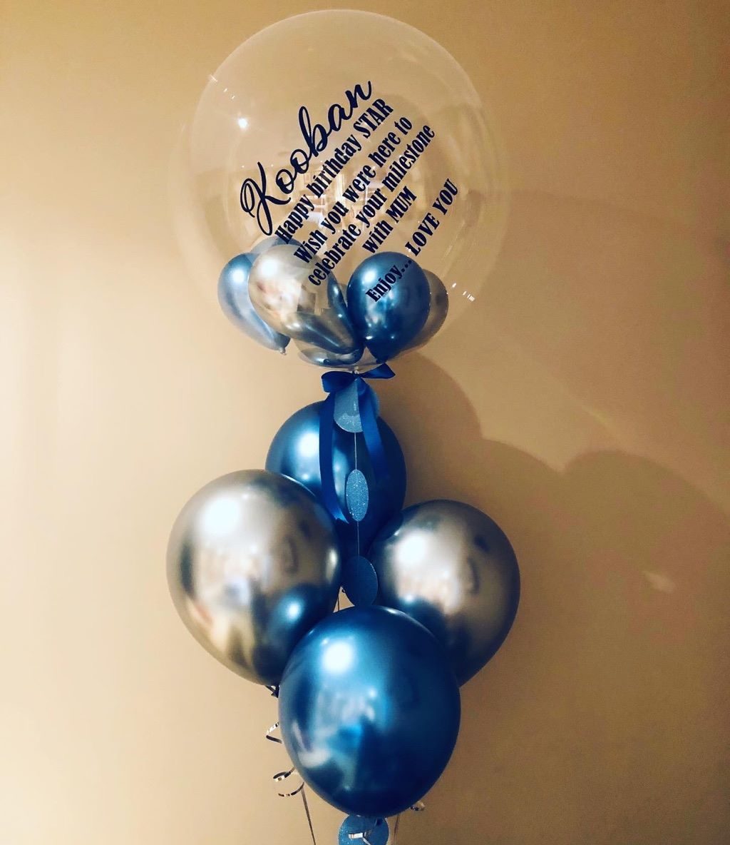 Personalised balloon bouquet with blue and silver balloons