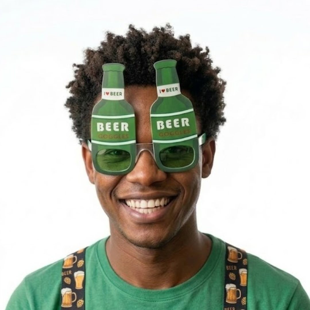 Man in novelty beer bottle sunglasses with a big smile.