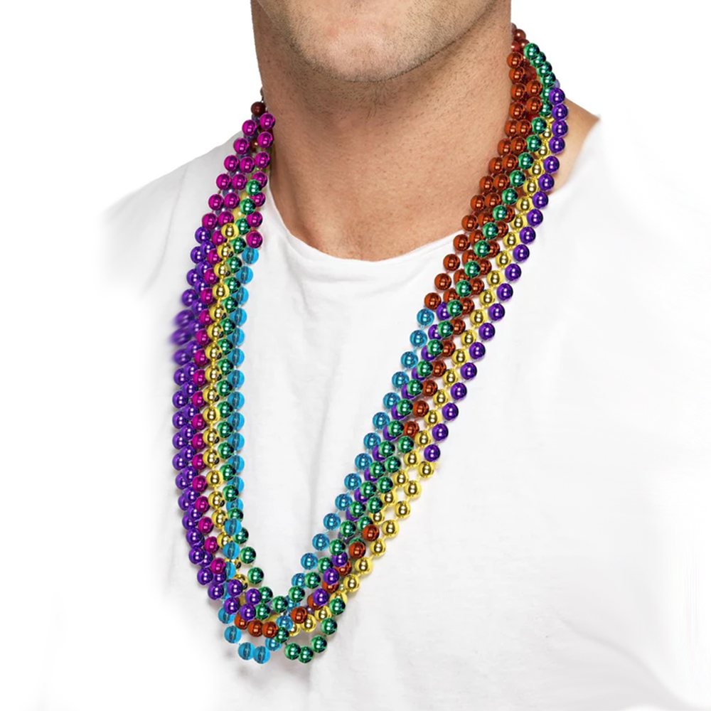 Person wearing colorful bead necklaces