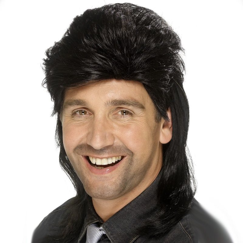 Man smiling in a black mullet wig.