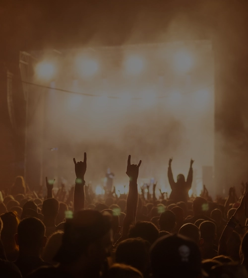 Crowd enjoying a lively event with illuminated stage in background