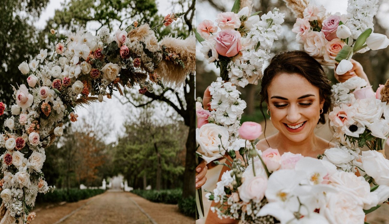 Floral archway with pink and white flowers at an outdoor venue