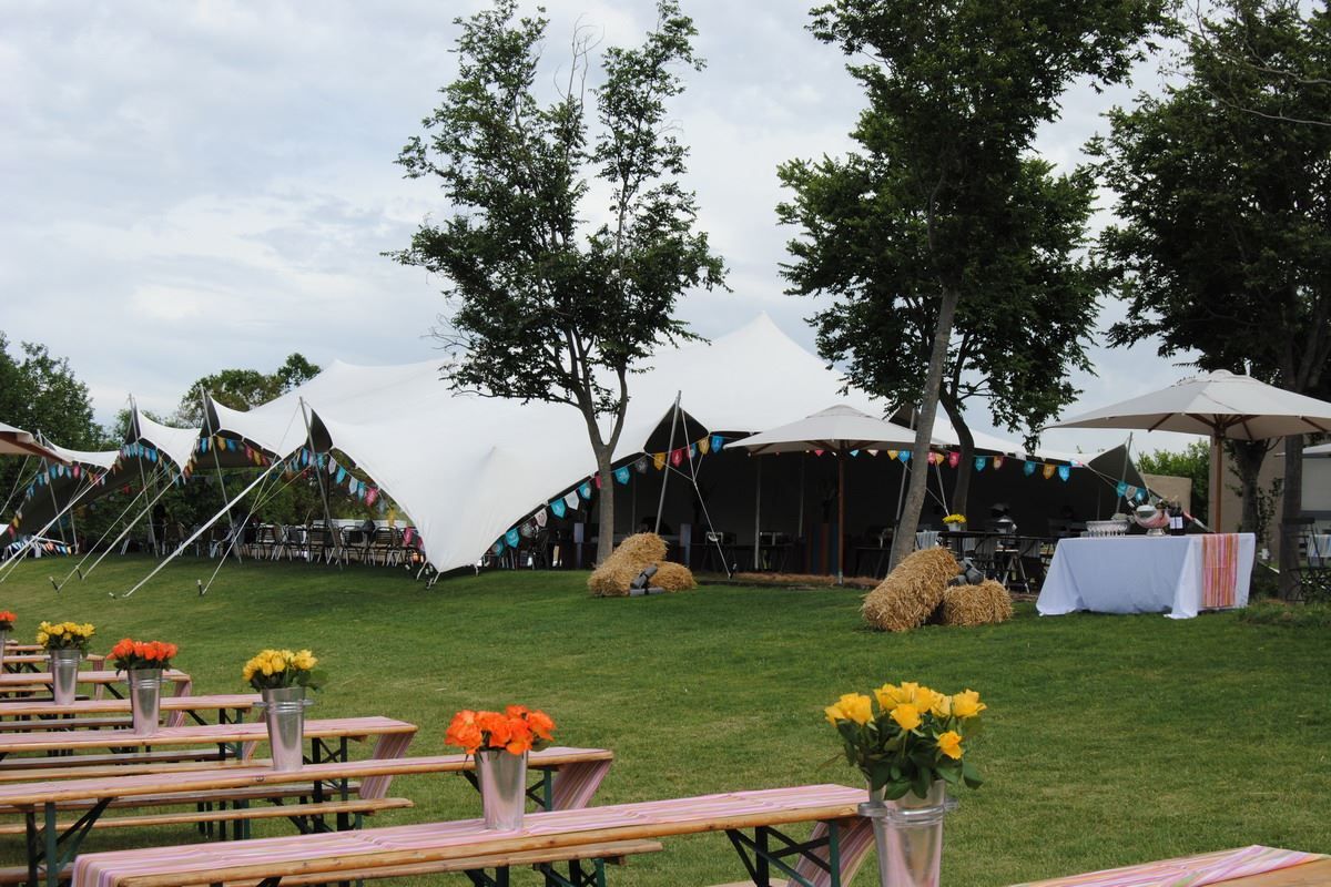 Beautiful stretch tent set up in a grassy area