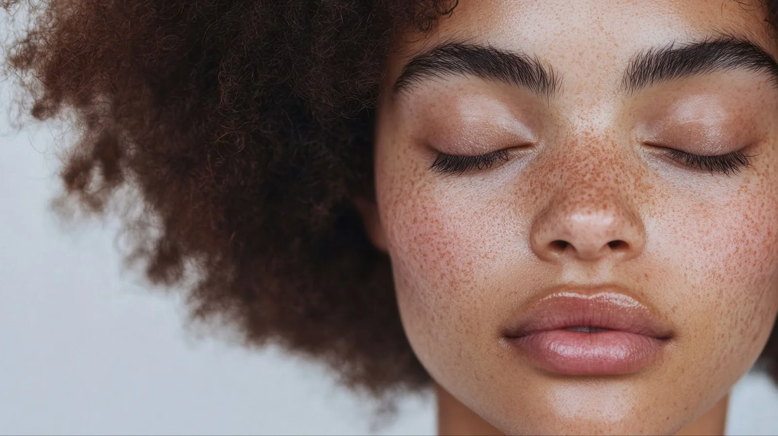Close-up of a model with natural makeup and freckles