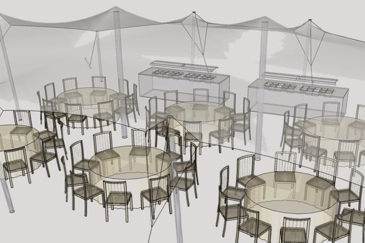 Rendering of a stretch tent setup with round tables and serving area