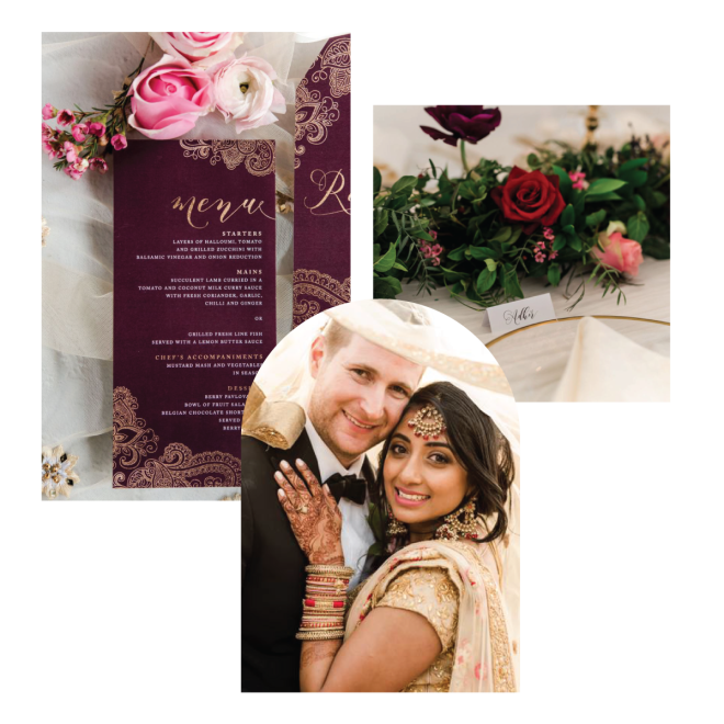 Stylish event menu with decorative elements and floral accents