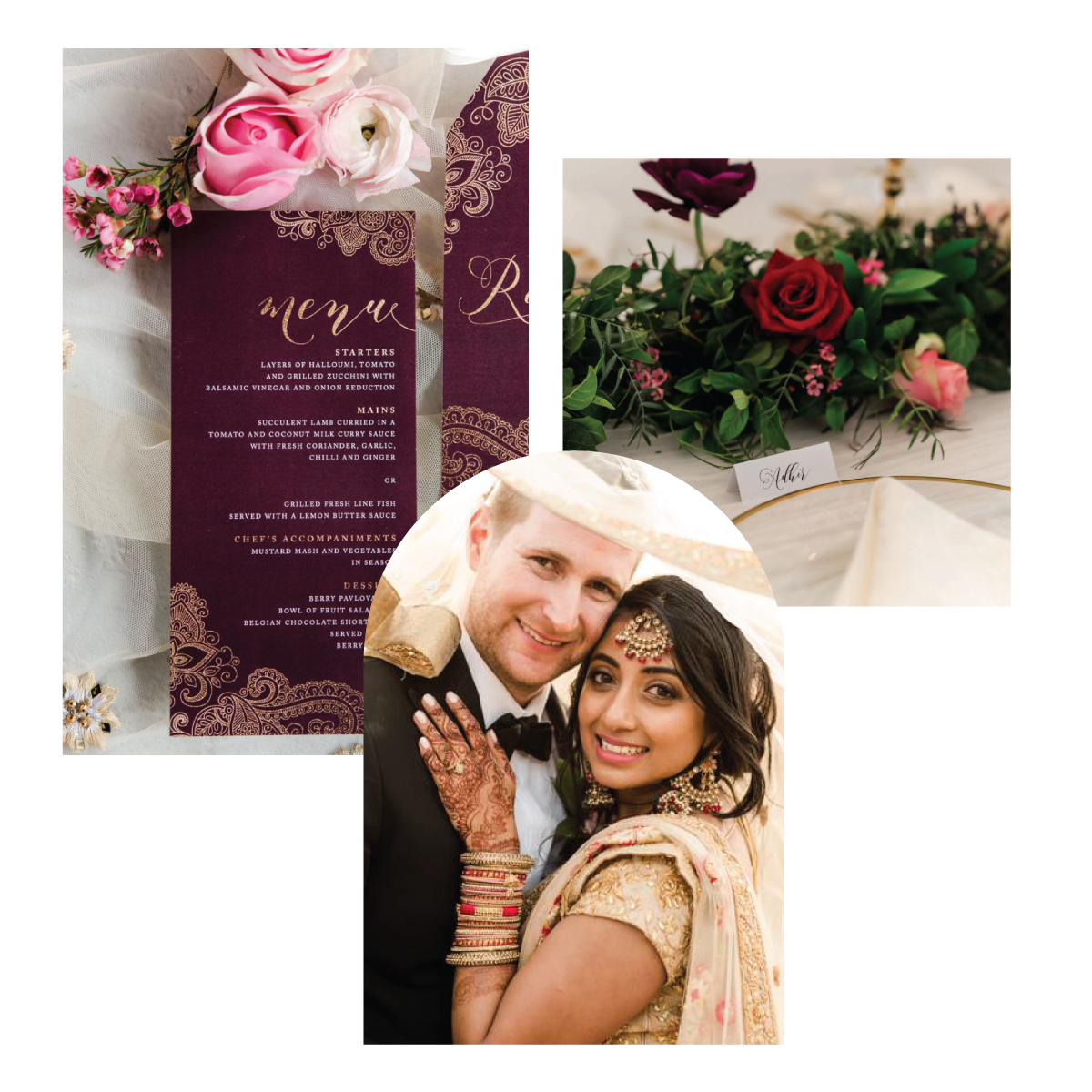 Custom printed menu featuring elegant design and floral accents