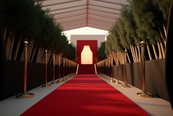 Red carpet flanked by greenery and gold stanchions