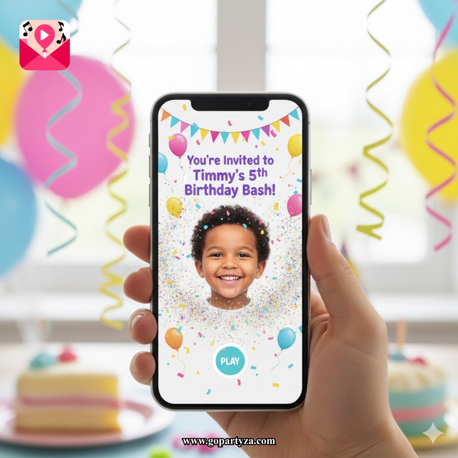 A hand holding a phone displaying a colorful birthday video invitation