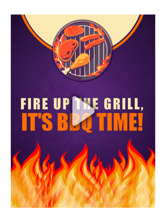BBQ video invitation graphic with flames and grill illustration.