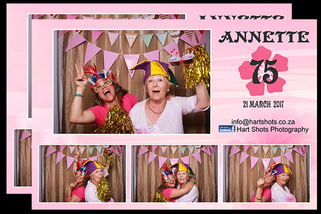 Four photo strips from a birthday celebration with decorations and props