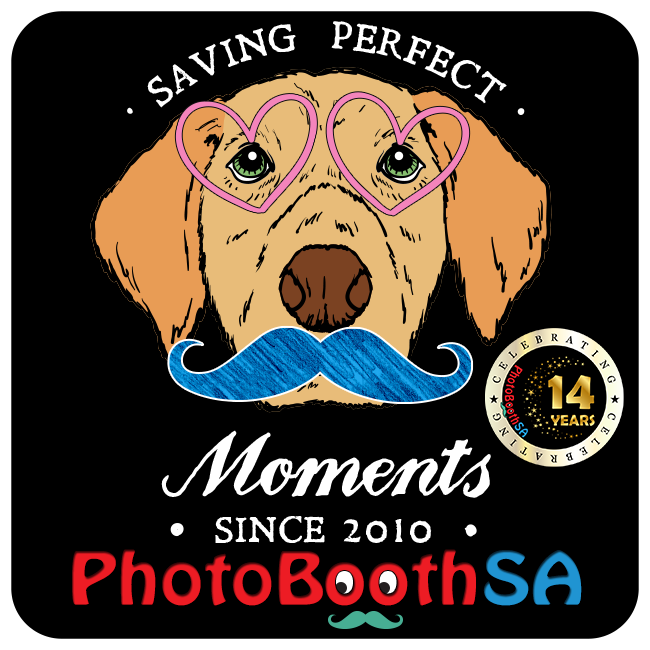 PhotoBoothSA logo featuring a dog with glasses and a mustache