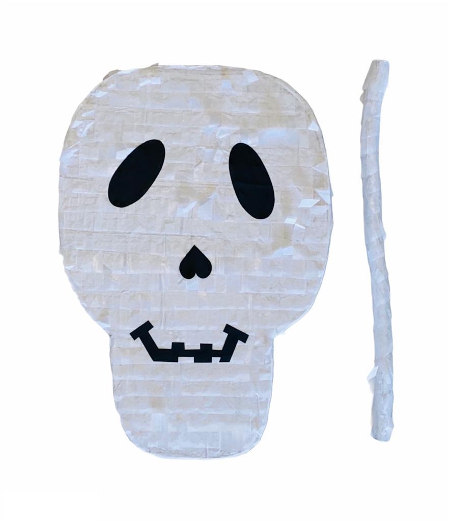 Skeleton piñata with black features and a stick
