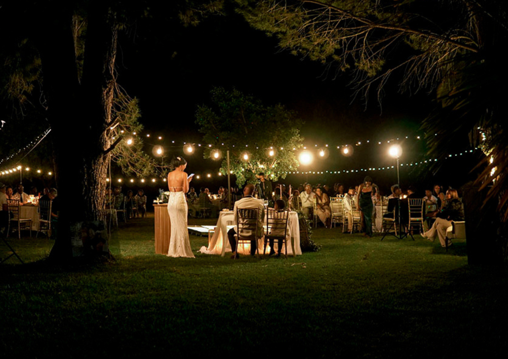 Outdoor wedding reception with tables and fairy lights