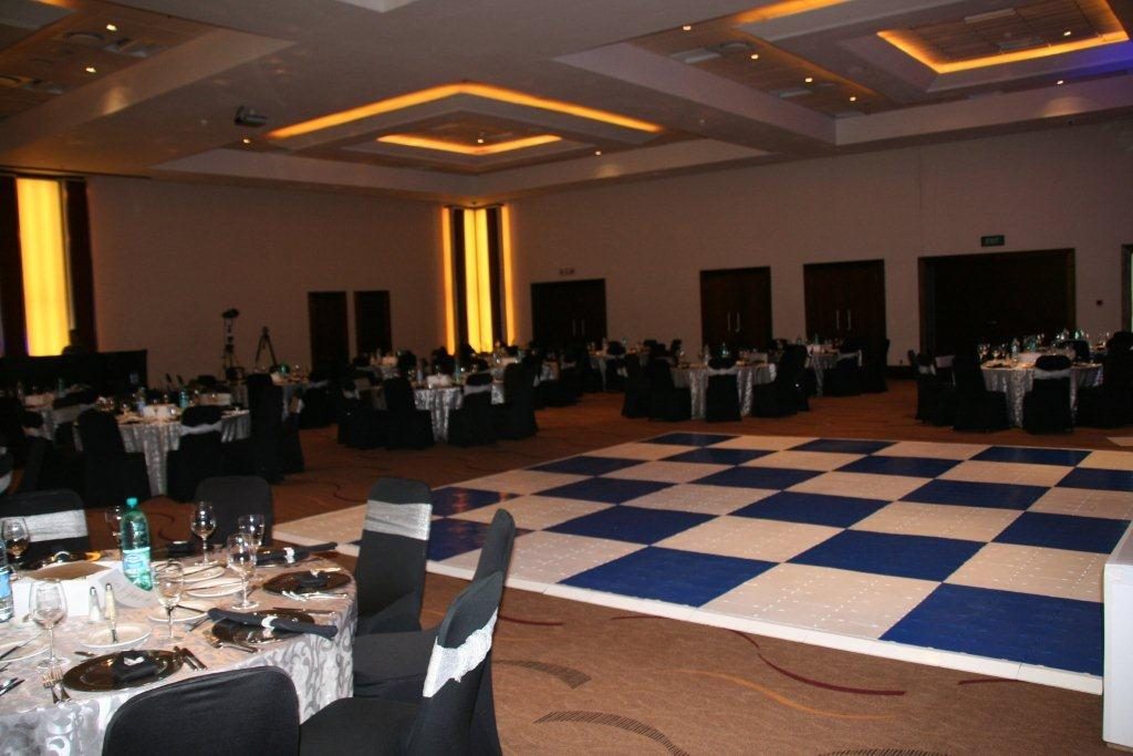 Modular dance floor setup in a banquet hall