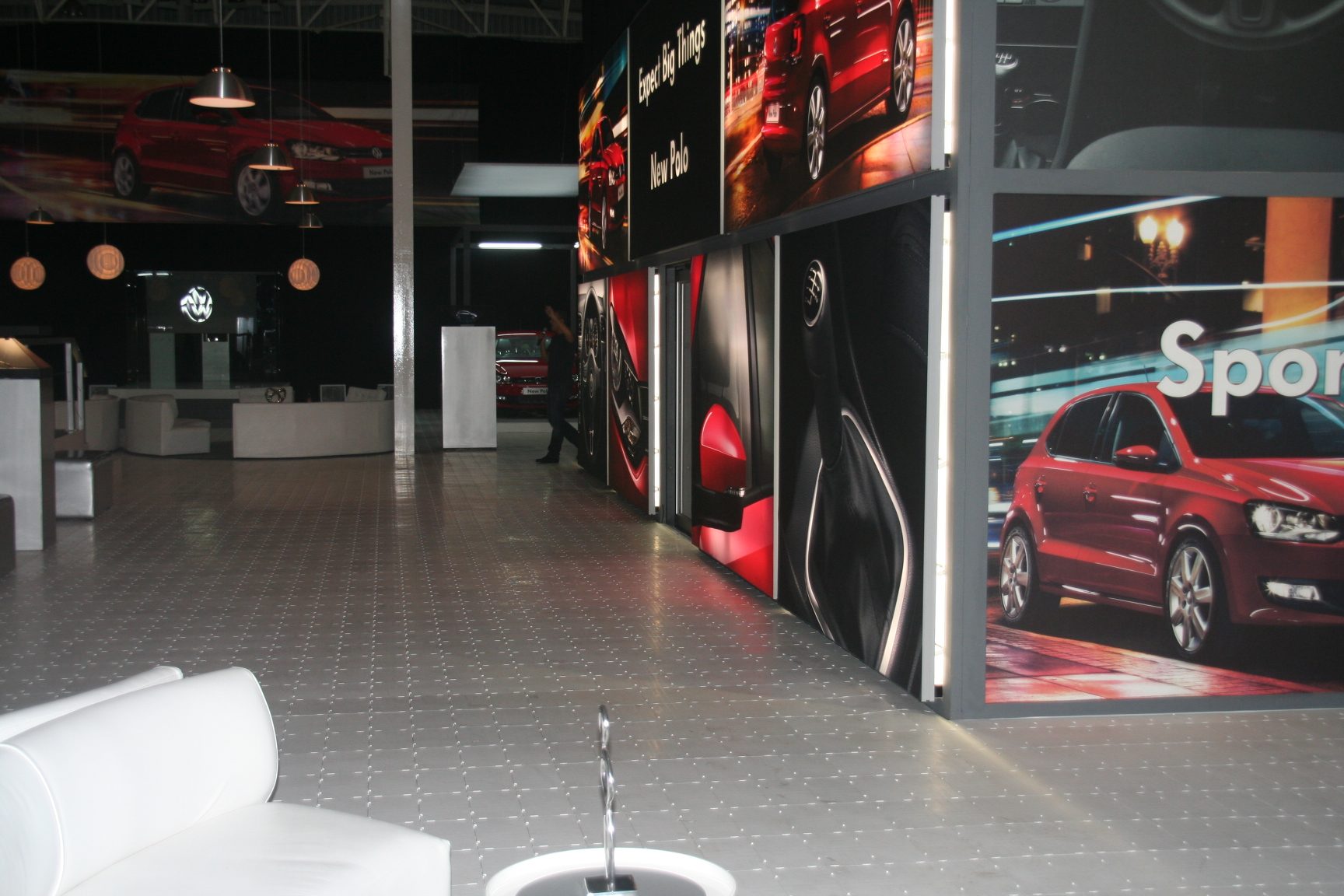 Exhibition flooring with branding panels in an indoor space