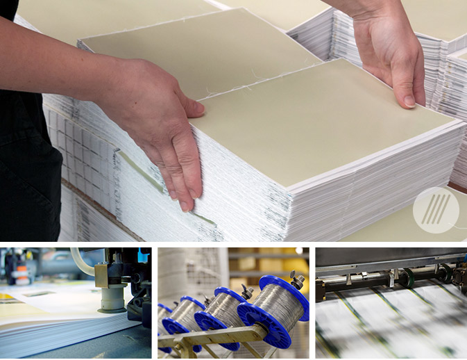 Hands sorting stacks of custom invitation cards in a printing facility