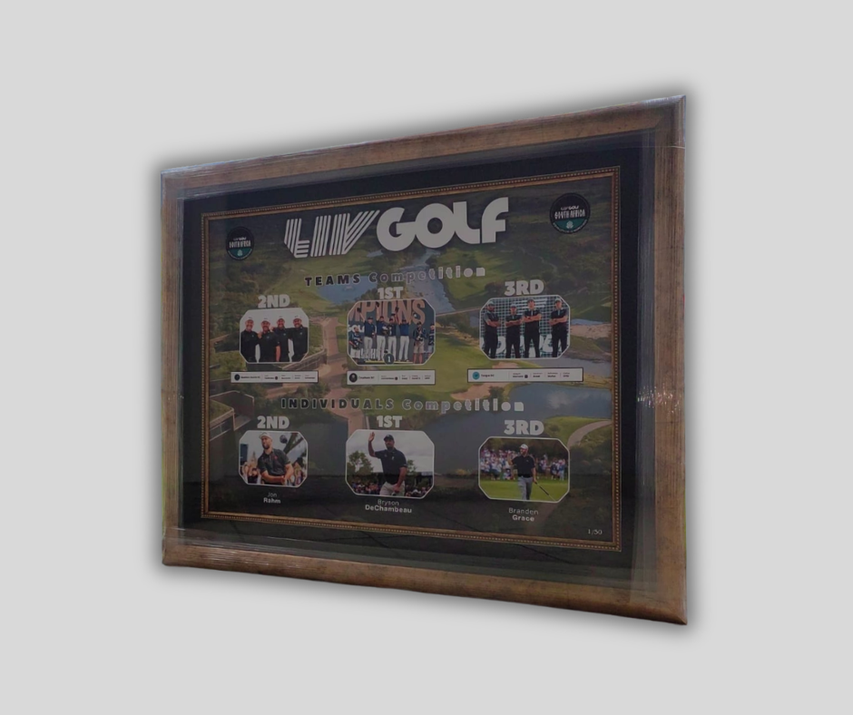 Framed results of a golf tournament showing teams and individuals