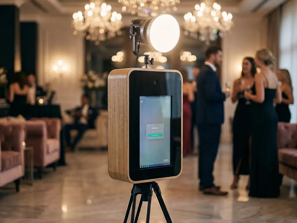 AI photo booth in an elegant venue with a chandelier
